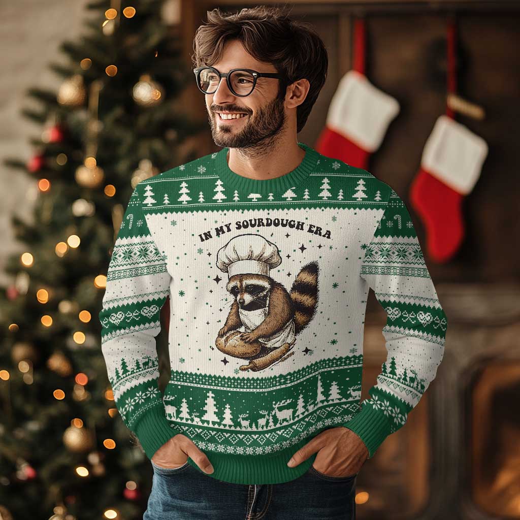 In My Sourdough Era Ugly Christmas Sweater Funny Raccoon Baker TS14 Beige Green Print Your Wear