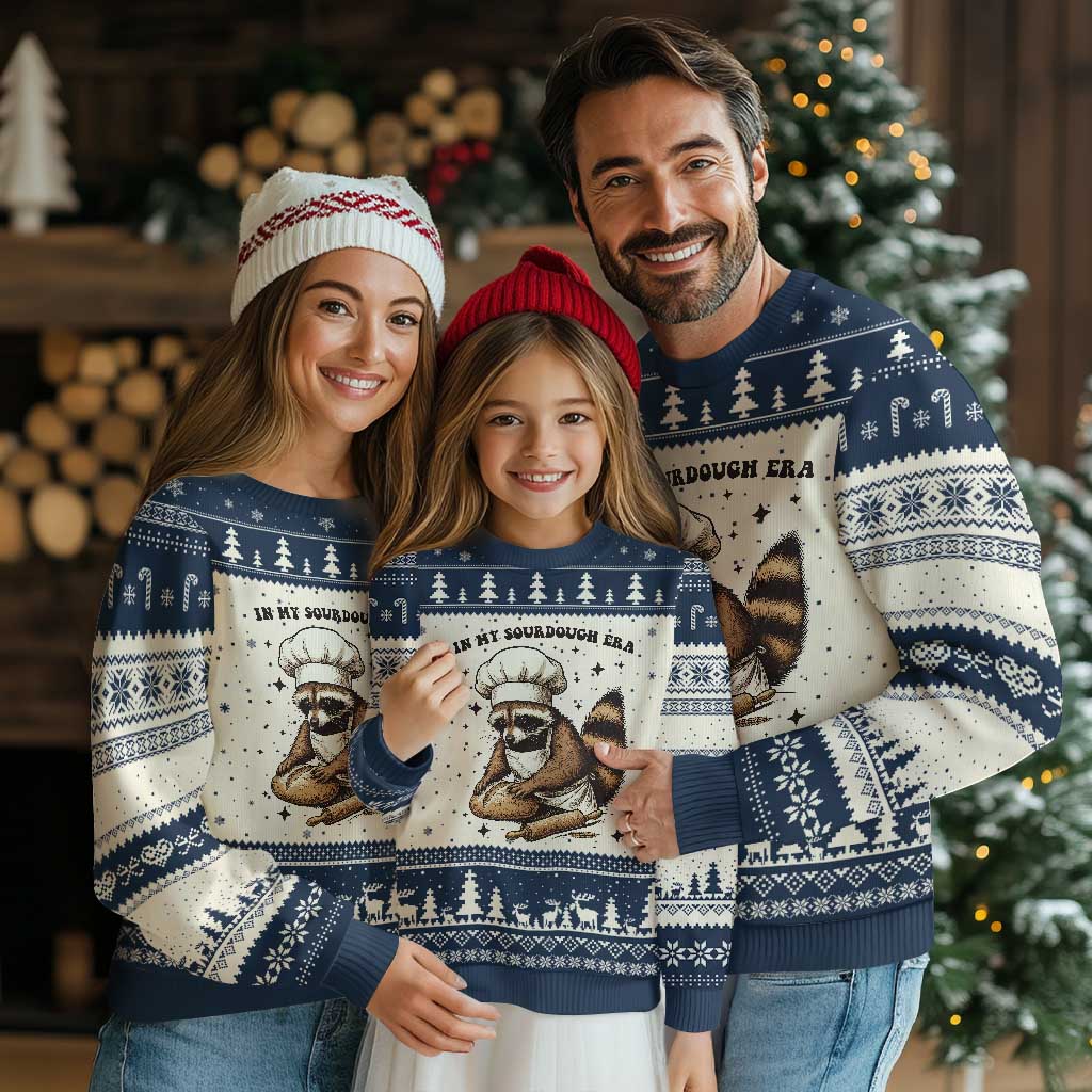 In My Sourdough Era Ugly Christmas Sweater Funny Raccoon Baker TS14 Beige Navy Print Your Wear