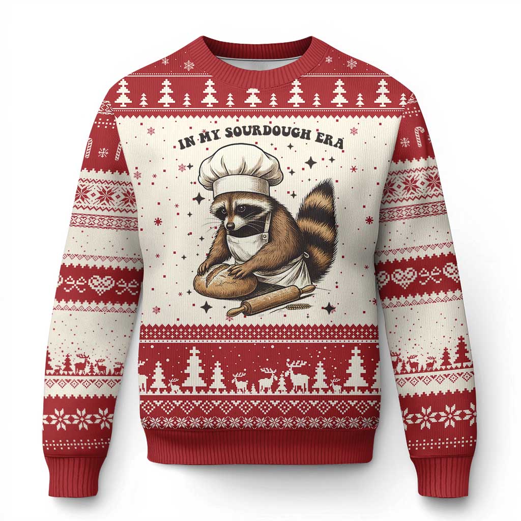 In My Sourdough Era Ugly Christmas Sweater Funny Raccoon Baker TS14 Beige Red Print Your Wear