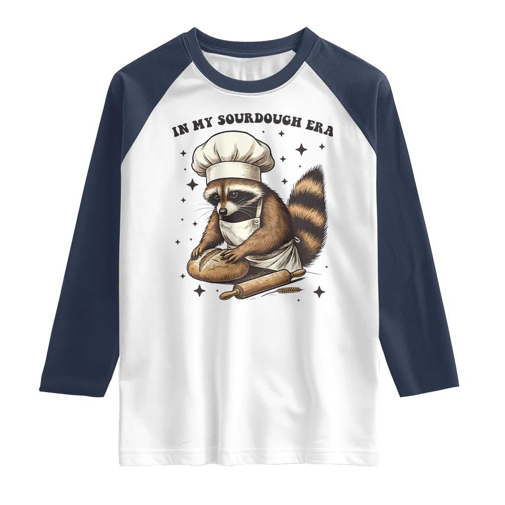 In My Sourdough Era Raglan Shirt Funny Raccoon Baker TS14 White Navy Print Your Wear