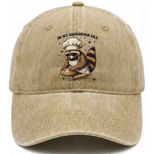 In My Sourdough Era Washed Cotton Baseball Cap Funny Raccoon Baker TS14 Washed Cap Universal Fit Khaki Print Your Wear