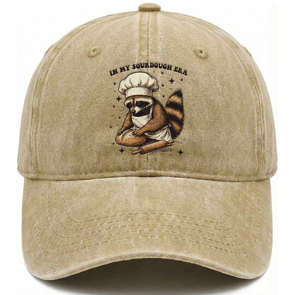 In My Sourdough Era Washed Cotton Baseball Cap Funny Raccoon Baker TS14 Washed Cap Universal Fit Khaki Print Your Wear