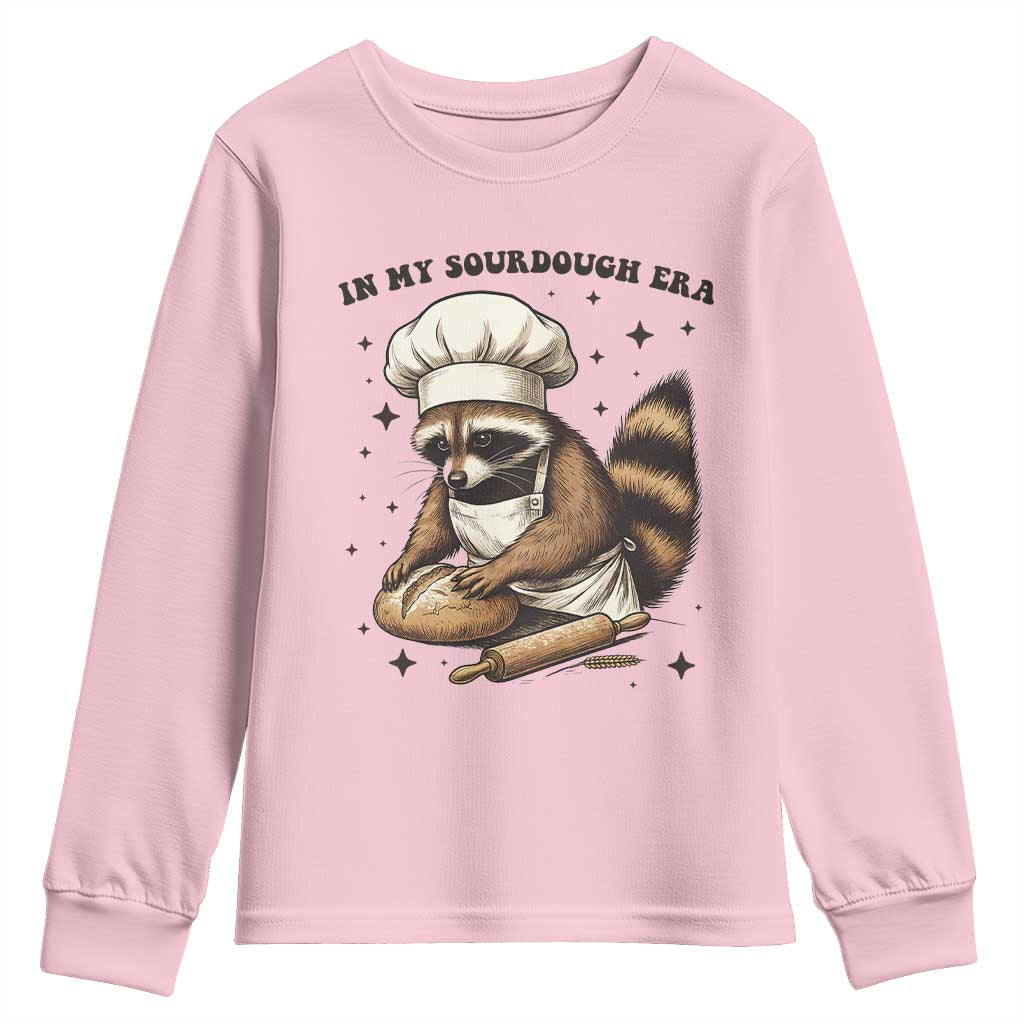 In My Sourdough Era Youth Sweatshirt Funny Raccoon Baker TS14 Light Pink Print Your Wear