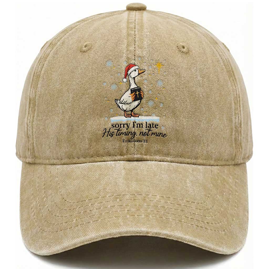 Christian Goose Washed Cotton Baseball Cap Sorry I Am Late His Timing Not Mine TS14 Washed Cap Universal Fit Khaki Print Your Wear