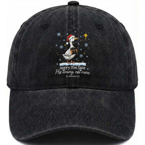 Christian Silly Goose Washed Cotton Baseball Cap Sorry I Am Late His Timing Not Mine TS14 Washed Cap Universal Fit Black Print Your Wear