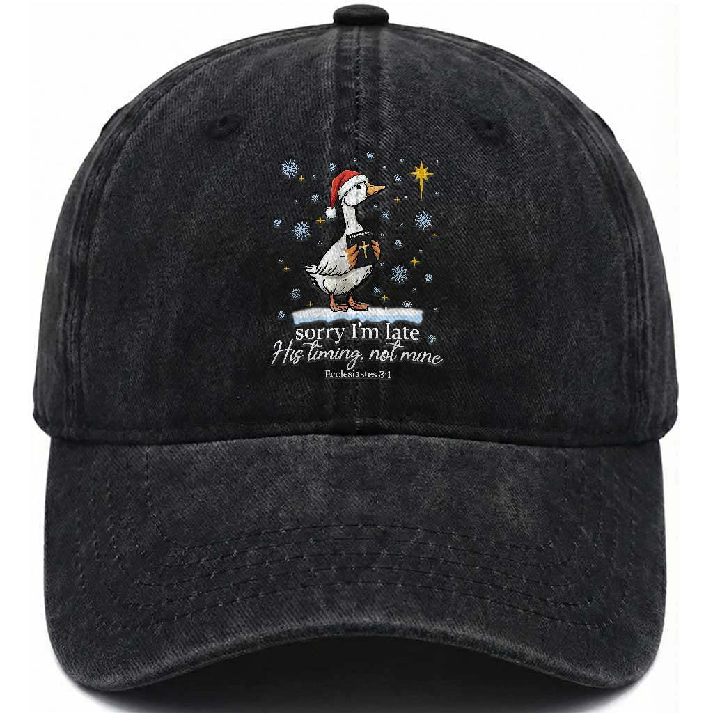 Christian Silly Goose Washed Cotton Baseball Cap Sorry I Am Late His Timing Not Mine TS14 Washed Cap Universal Fit Black Print Your Wear