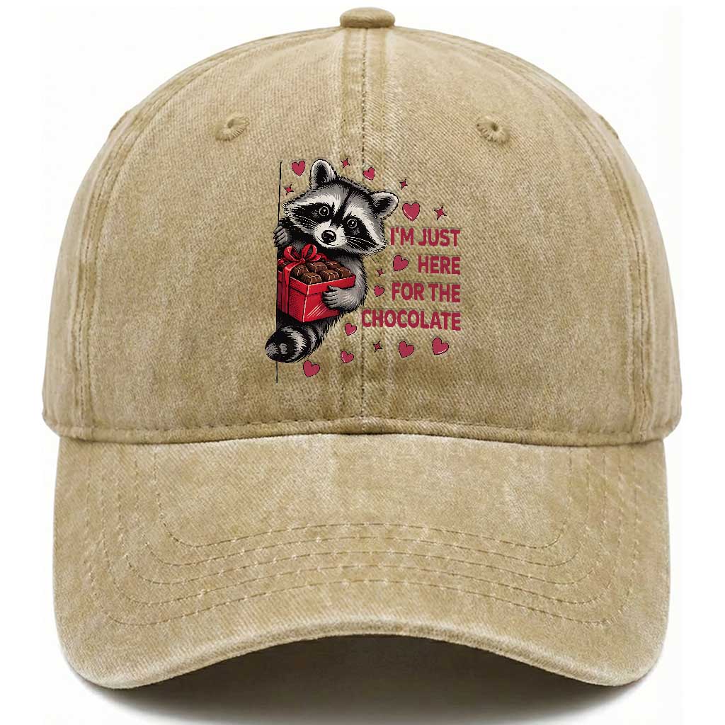 Valentine Racoon Trash Panda Washed Cotton Baseball Cap I'm Just Here For The Chocolate TS14 Washed Cap Universal Fit Khaki Print Your Wear