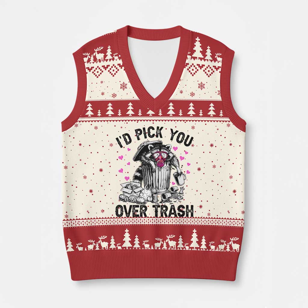 Valentine Racoon Trash Panda V-Neck Knit Sweater Vest I Would Pick You Over Trash TS14 Beige Red Print Your Wear