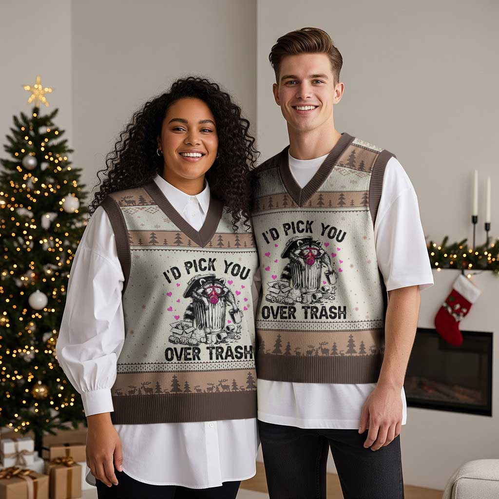 Valentine Racoon Trash Panda V-Neck Knit Sweater Vest I Would Pick You Over Trash TS14 Mocha Mousse Print Your Wear