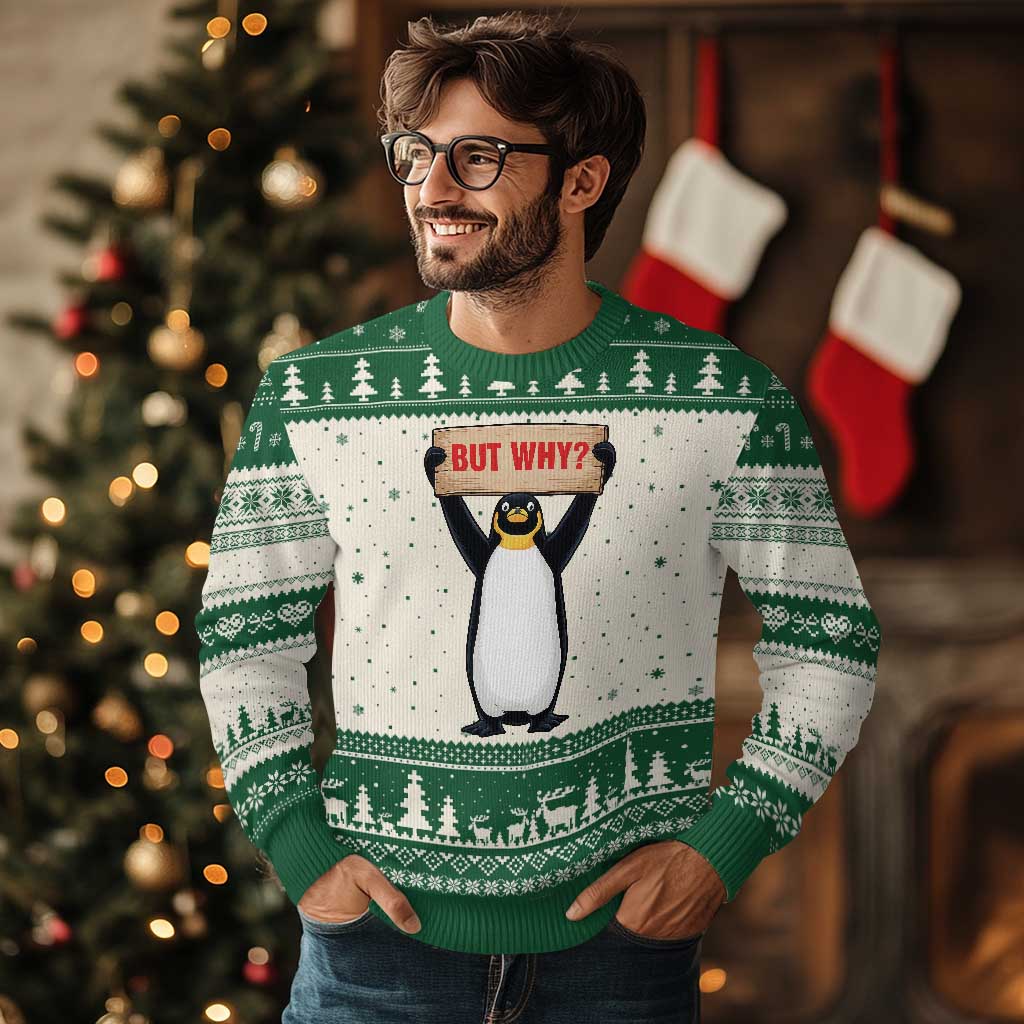 But Why Penguin Ugly Christmas Sweater Funny Nihilist Penguin Hiking Meme TS14 Beige Green Print Your Wear