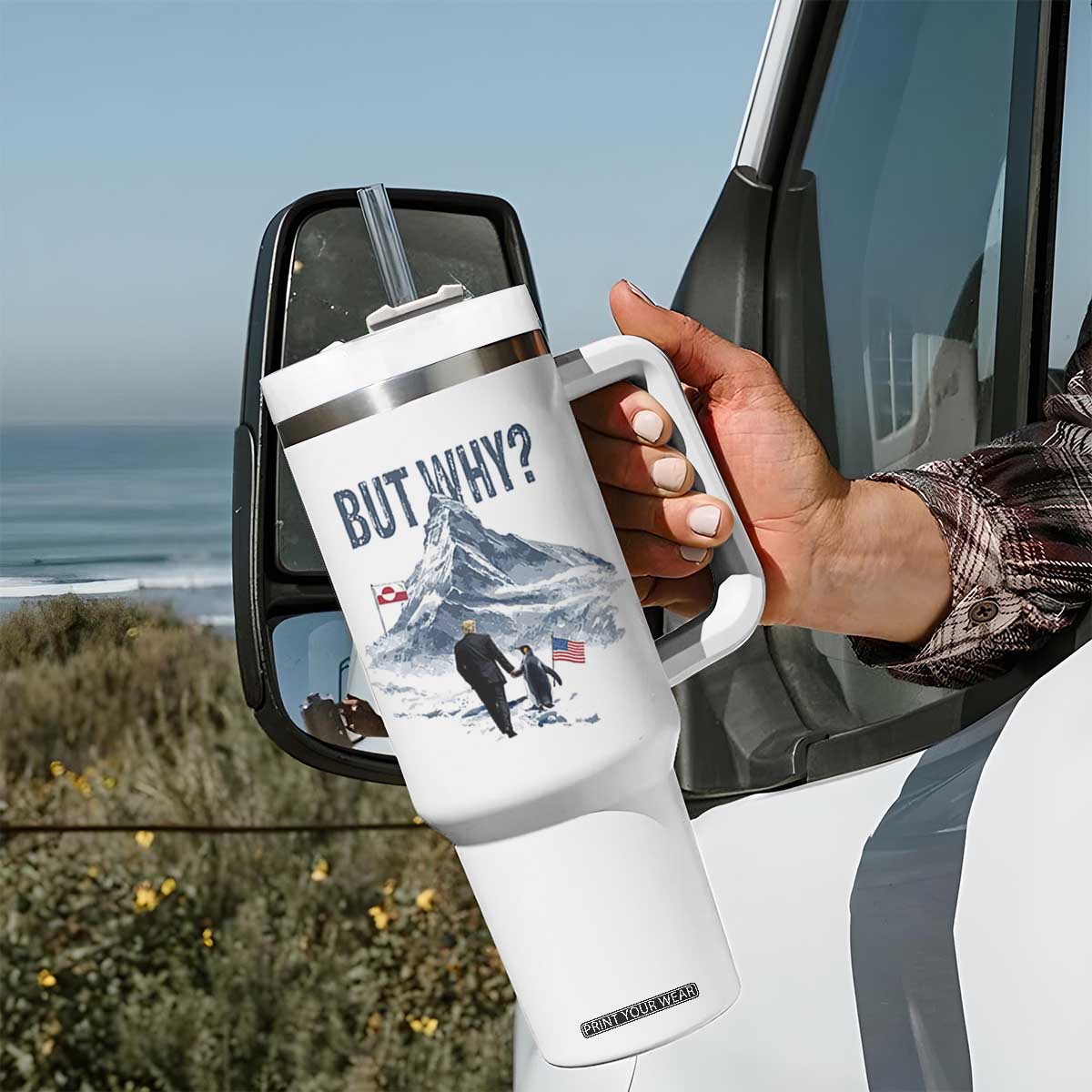But Why Penguin Tumbler With Handle Head Towards The Mountains Penguin Meme TS14 Print Your Wear