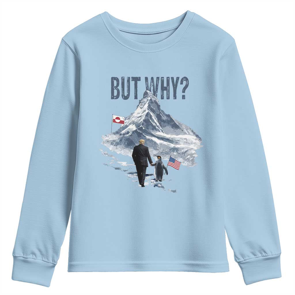But Why Penguin Youth Sweatshirt Head Towards The Mountains Penguin Meme TS14 Light Blue Print Your Wear