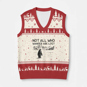 But Why Penguin V-Neck Knit Sweater Vest Not All Who Wander Are Lost TS14 Beige Red Print Your Wear