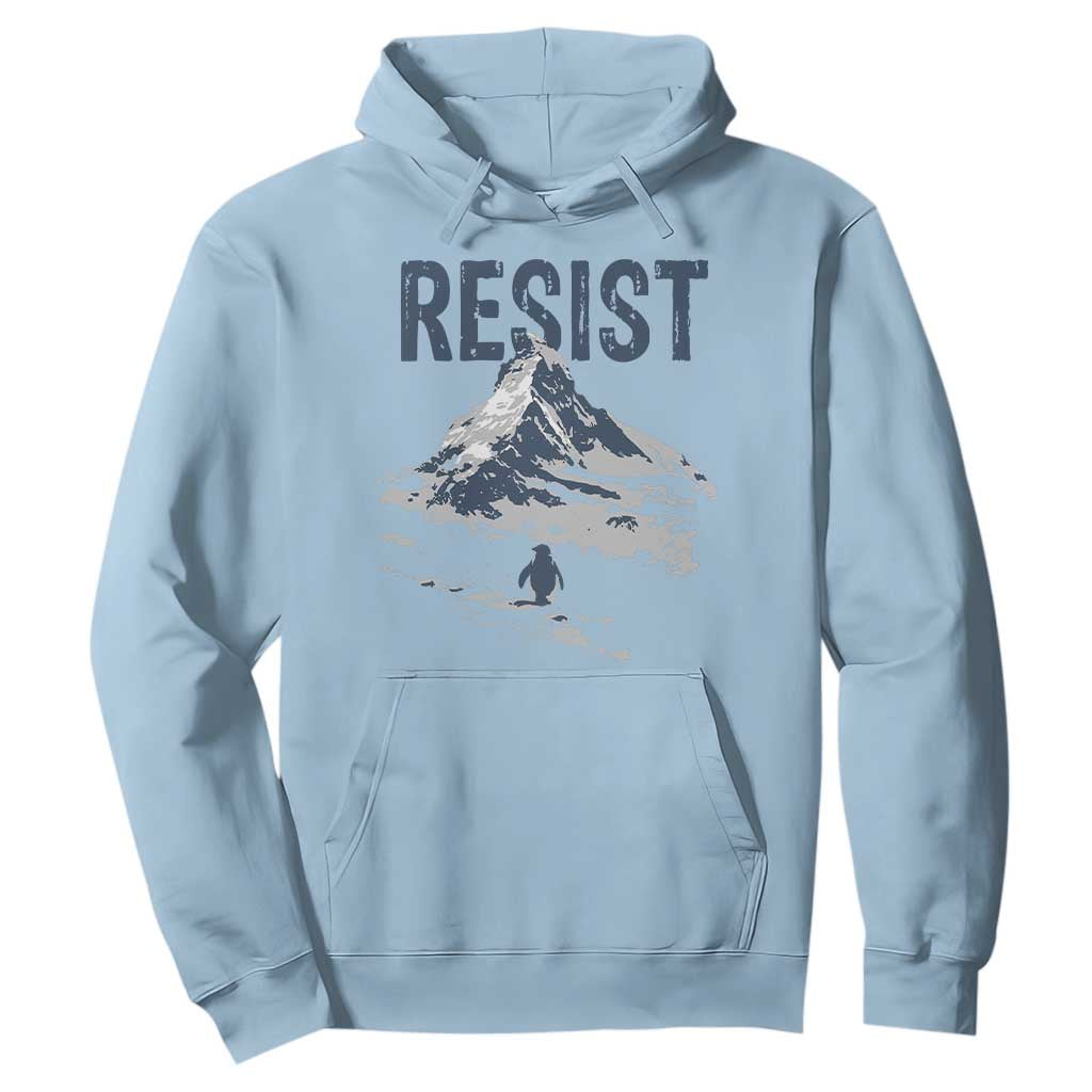 Funny Penguin Protest Hoodie Resist Penguin Mountain Hiking Meme TS14 Light Blue Print Your Wear