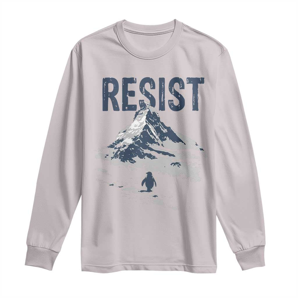 Funny Penguin Protest Long Sleeve Shirt Resist Penguin Mountain Hiking Meme TS14 Ice Gray Print Your Wear