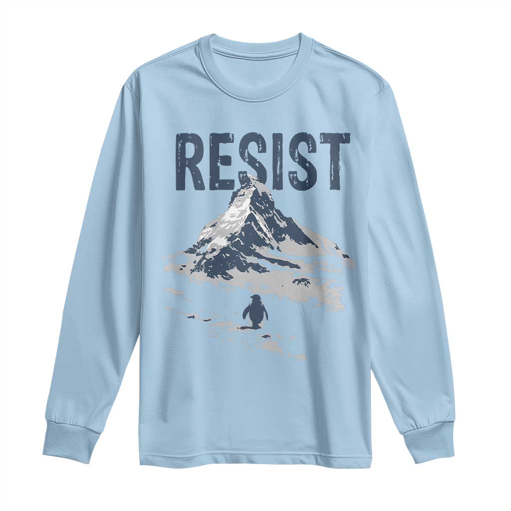 Funny Penguin Protest Long Sleeve Shirt Resist Penguin Mountain Hiking Meme TS14 Light Blue Print Your Wear