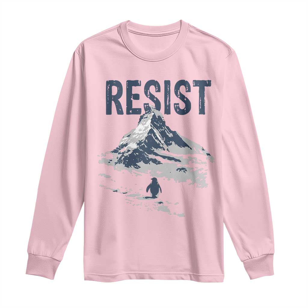 Funny Penguin Protest Long Sleeve Shirt Resist Penguin Mountain Hiking Meme TS14 Light Pink Print Your Wear