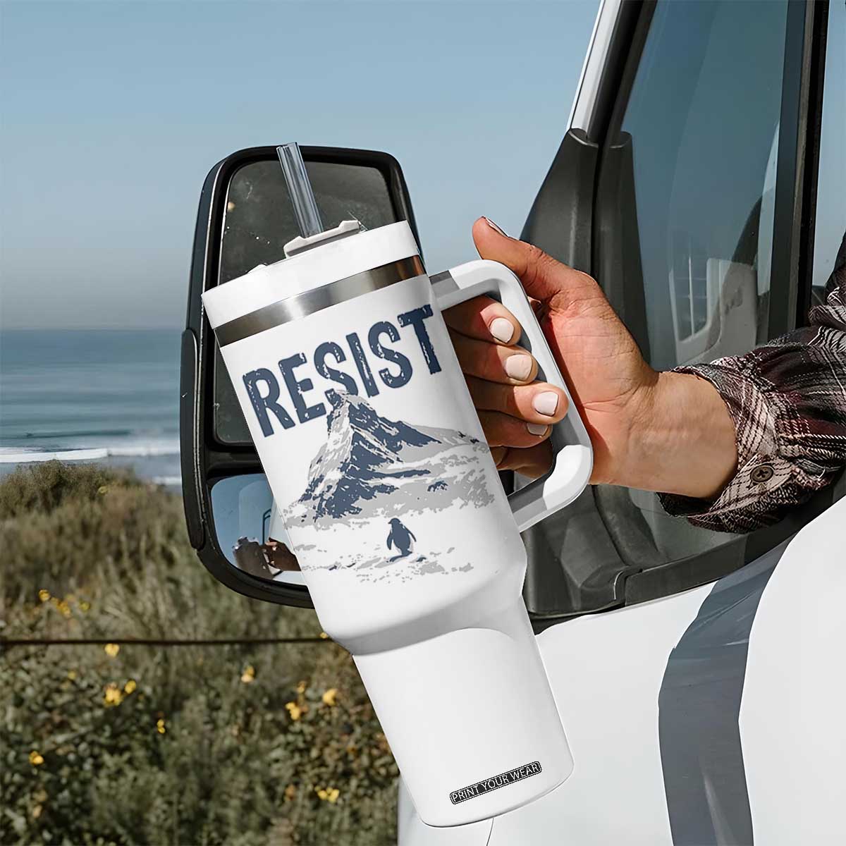 Funny Penguin Protest Tumbler With Handle Resist Penguin Mountain Hiking Meme TS14 Print Your Wear