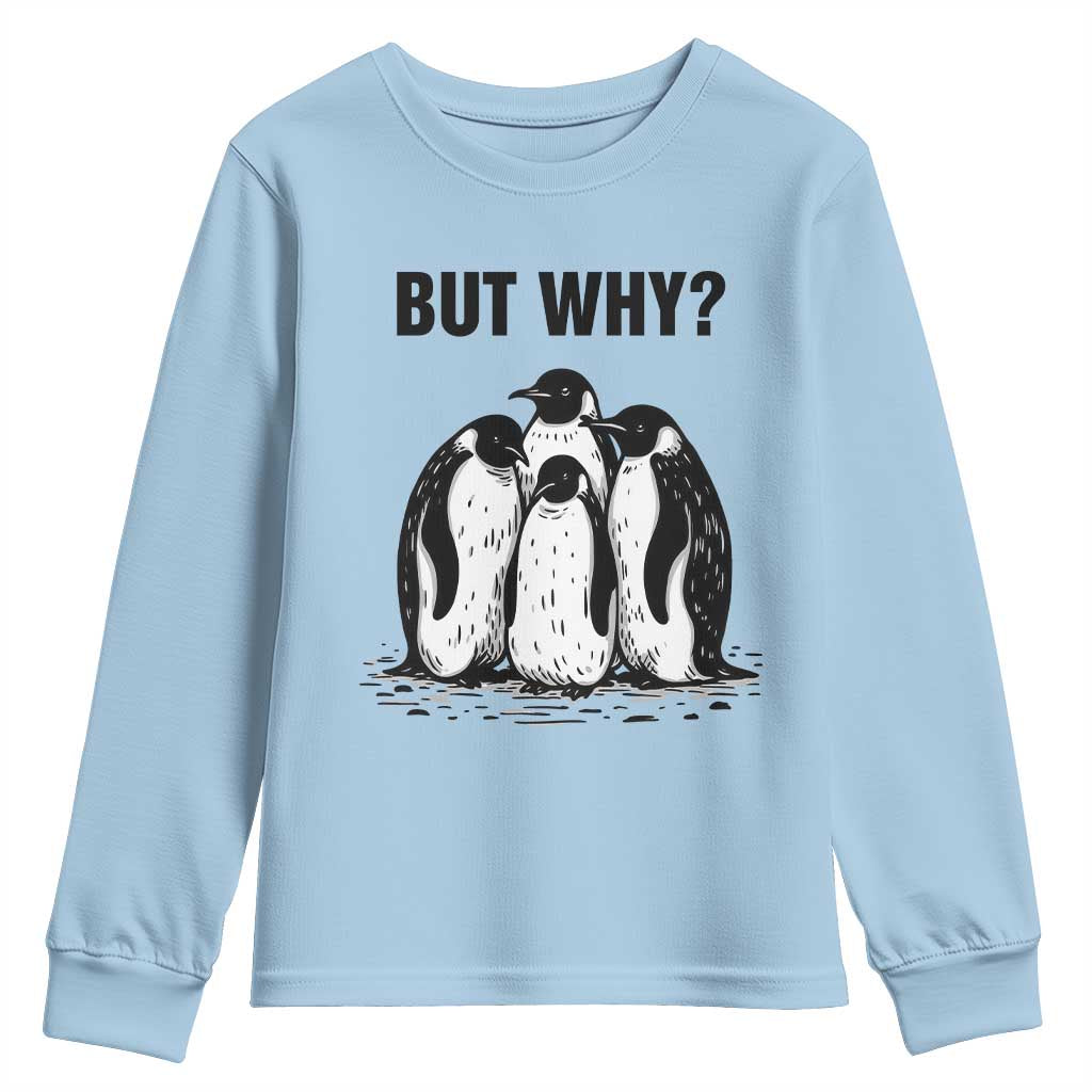 But Why Penguin Youth Sweatshirt Funny Nihilist Hiking TS14 Light Blue Print Your Wear