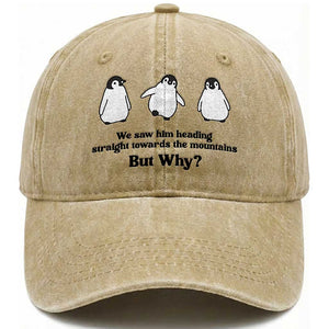 But Why Penguin Washed Cotton Baseball Cap Trendy Nihilist Sad Penguin Mountains Meme TS14 Washed Cap Universal Fit Khaki Print Your Wear