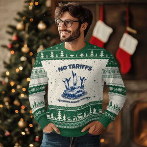 Penguins Against Tariffs Ugly Christmas Sweater Resist Protest FDT Political TS14 Beige Green Print Your Wear