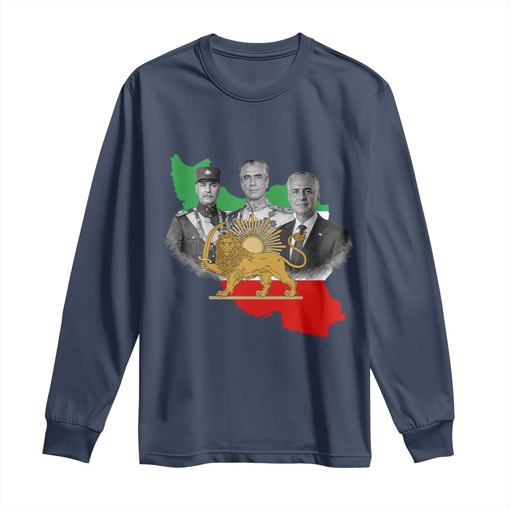 Pahlavi Dynasty Long Sleeve Shirt Three Generations Iran Lion and Sun Portrait TS14 Navy Print Your Wear