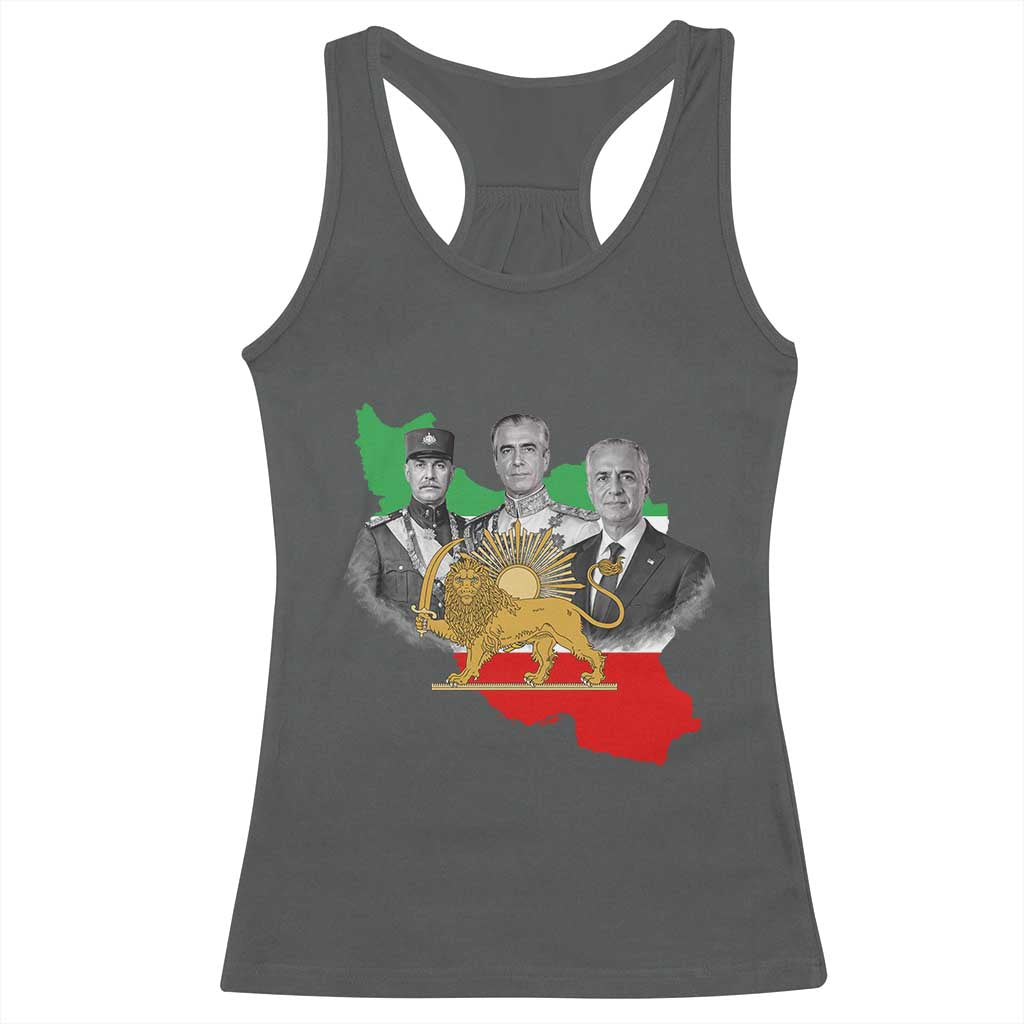 Pahlavi Dynasty Racerback Tank Top Three Generations Iran Lion and Sun Portrait TS14 Dark Heather Print Your Wear