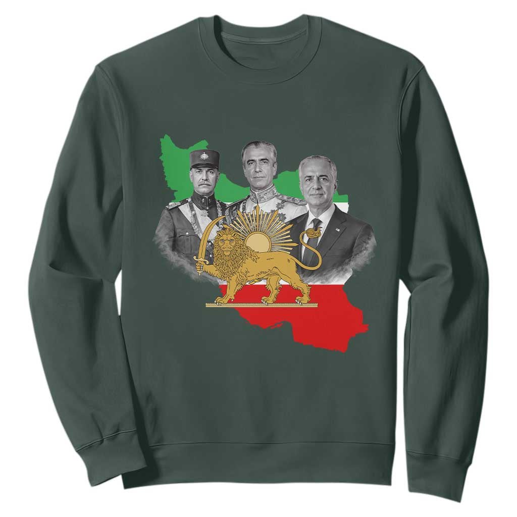 Pahlavi Dynasty Sweatshirt Three Generations Iran Lion and Sun Portrait TS14 Dark Forest Green Print Your Wear