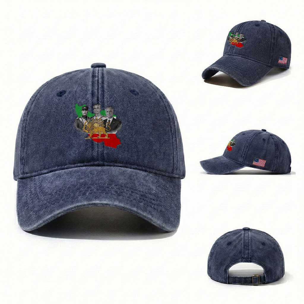 Pahlavi Dynasty Washed Cotton Baseball Cap Three Generations Iran Lion and Sun Portrait TS14 Washed Cap Universal Fit Navy Print Your Wear
