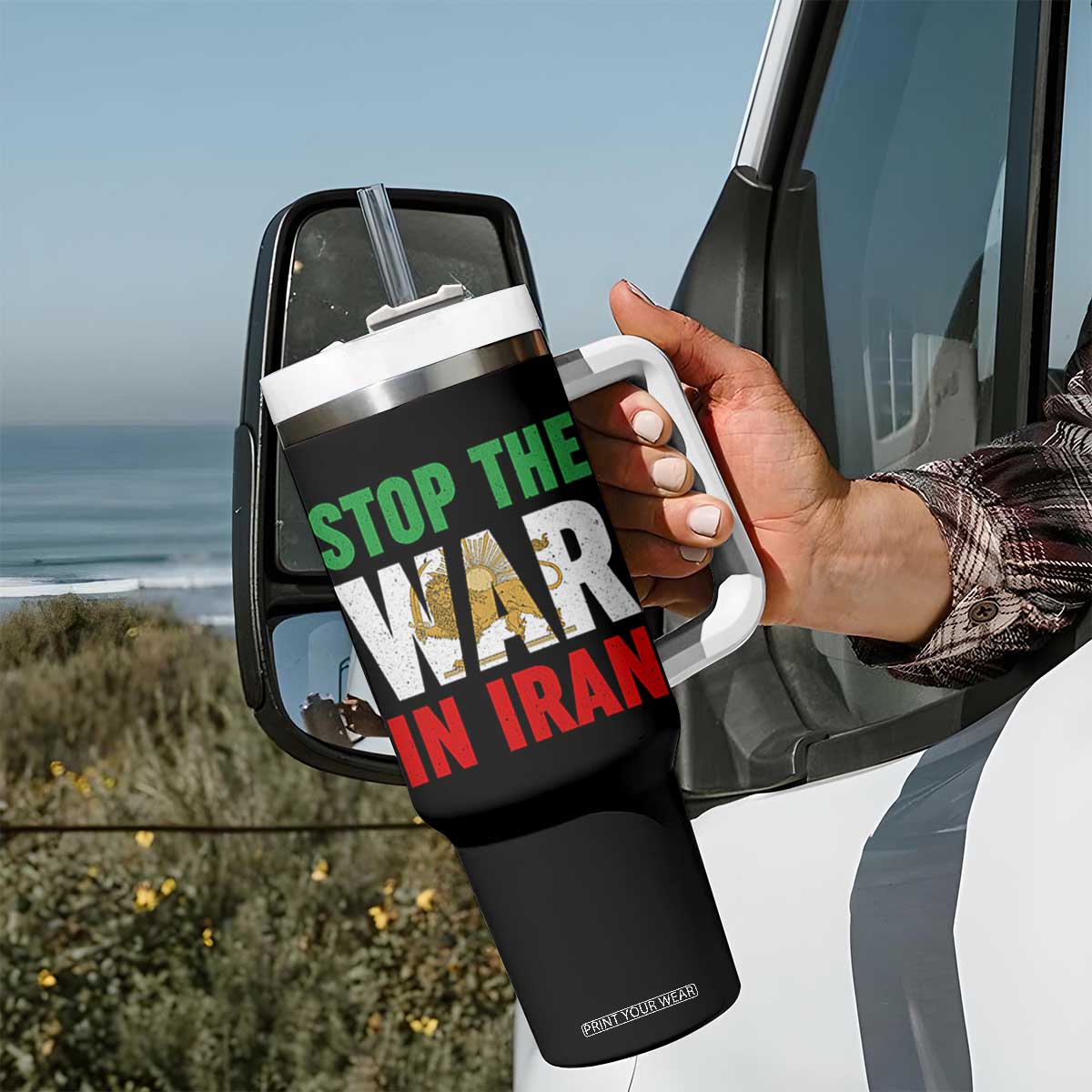 Free Iran Support Iranian MIGA Tumbler With Handle Stop The War In Iran TS14 Print Your Wear