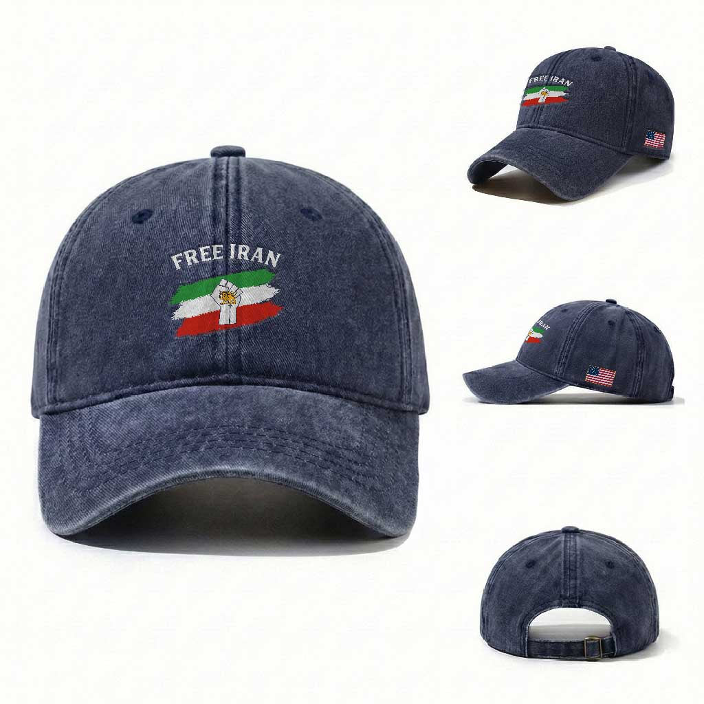 Free Iran Washed Cotton Baseball Cap Support Iranian Freedom No War TS14 Washed Cap Universal Fit Navy Print Your Wear