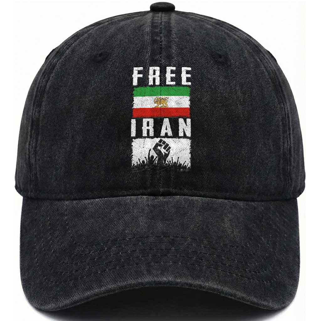 Free Iran Washed Cotton Baseball Cap Support Iranian Freedom TS14 Washed Cap Universal Fit Black Print Your Wear