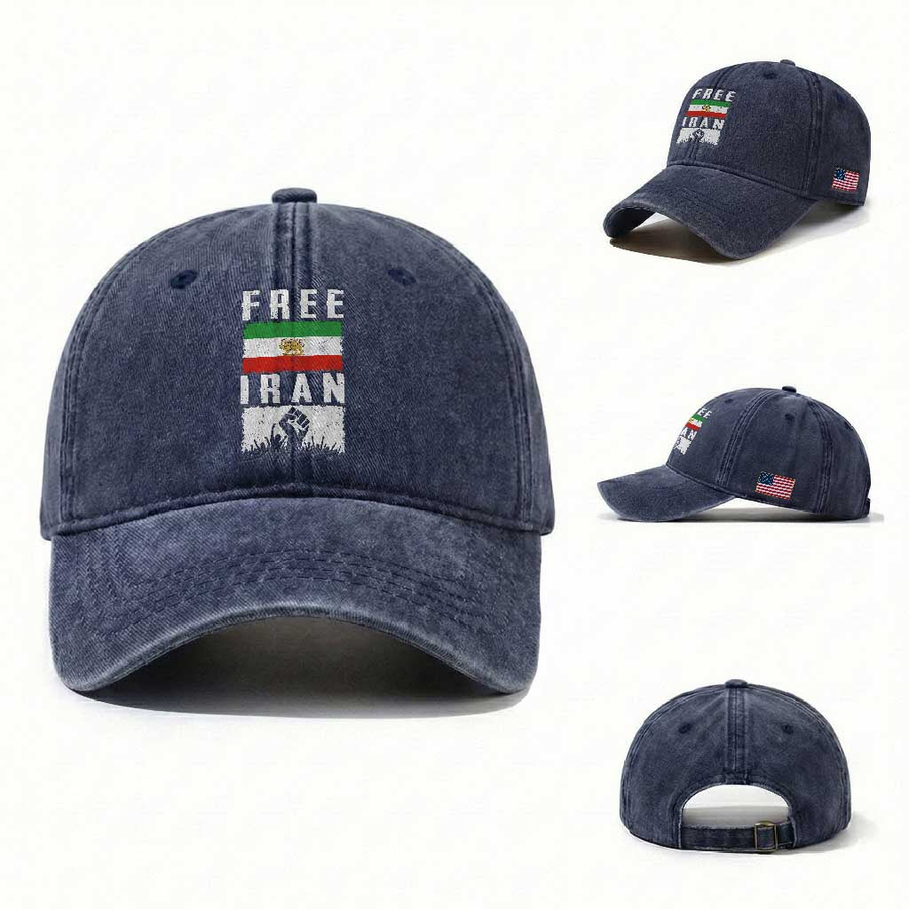 Free Iran Washed Cotton Baseball Cap Support Iranian Freedom TS14 Washed Cap Universal Fit Navy Print Your Wear