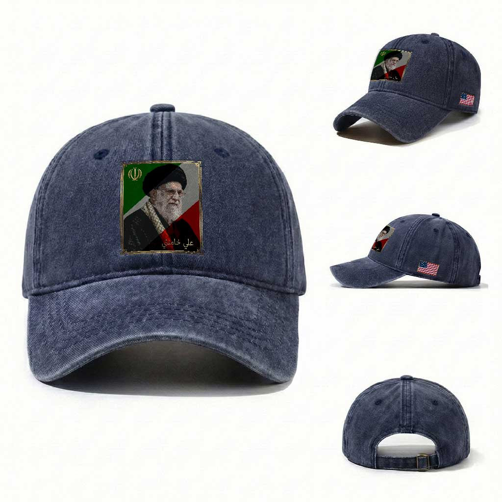 Ali Khamenei Memorial Tribute Portrait Washed Cotton Baseball Cap TS14 Washed Cap Universal Fit Navy Print Your Wear
