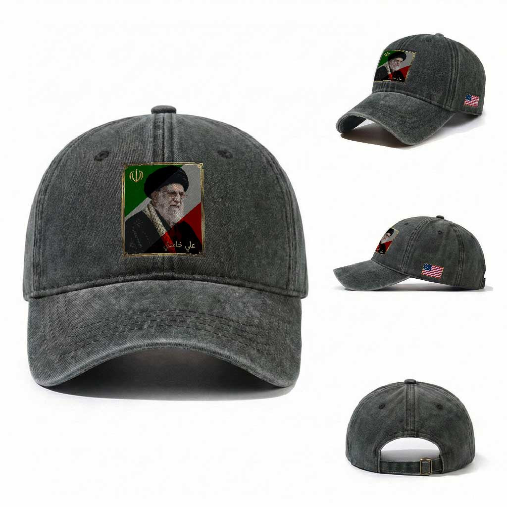 Ali Khamenei Memorial Tribute Portrait Washed Cotton Baseball Cap TS14 Washed Cap Universal Fit Dark Green Print Your Wear