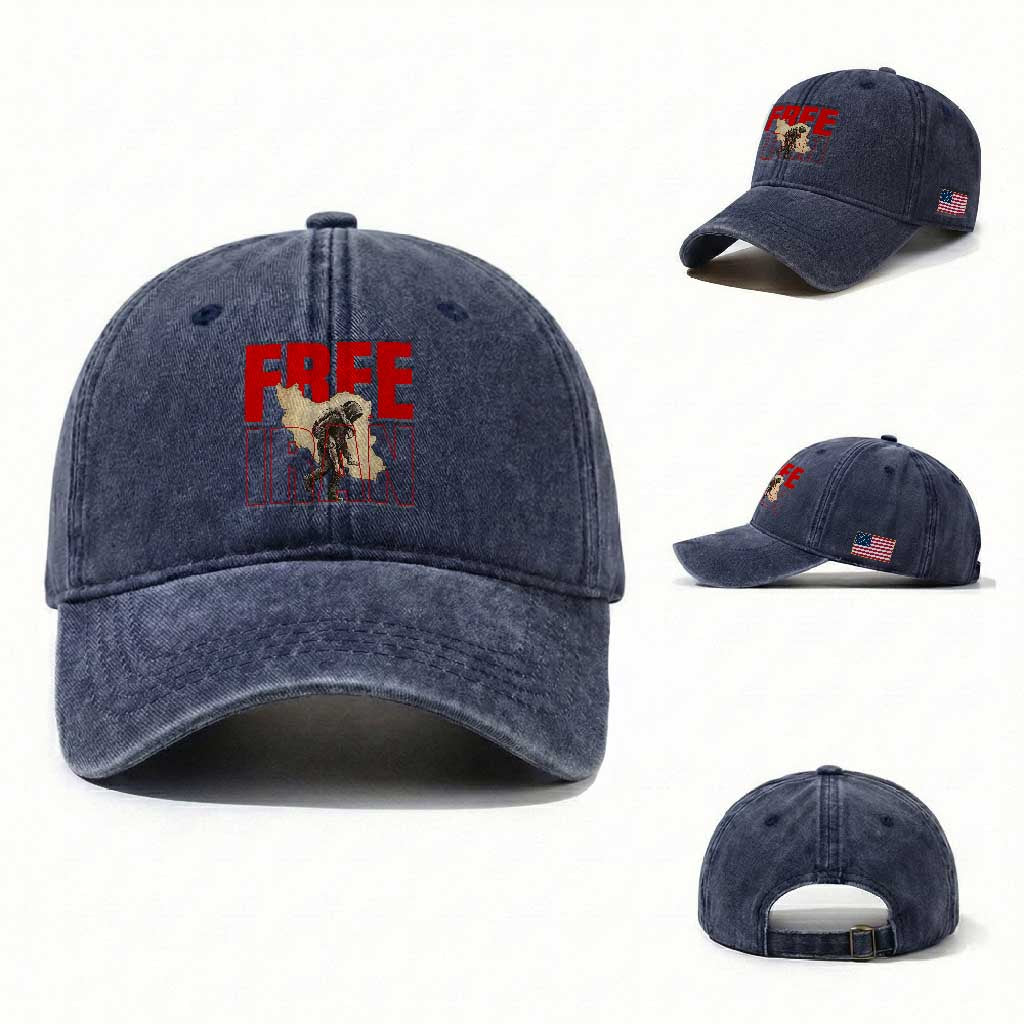 Free Iran Washed Cotton Baseball Cap Iranian Freedom Memorial Hamid Mahdavi Tribute TS14 Washed Cap Universal Fit Navy Print Your Wear