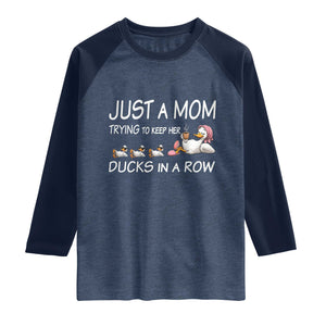 Funny Duck Mom Raglan Shirt Just A Mom Trying To Keep Her Ducks In A Row TS14 Heather Denim Navy Print Your Wear