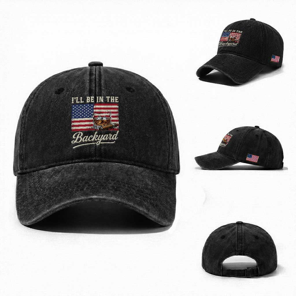 I'll Be in the Backyard Washed Cotton Baseball Cap USA Flag Cigar and Bourbon TS14 Washed Cap Universal Fit Black Print Your Wear