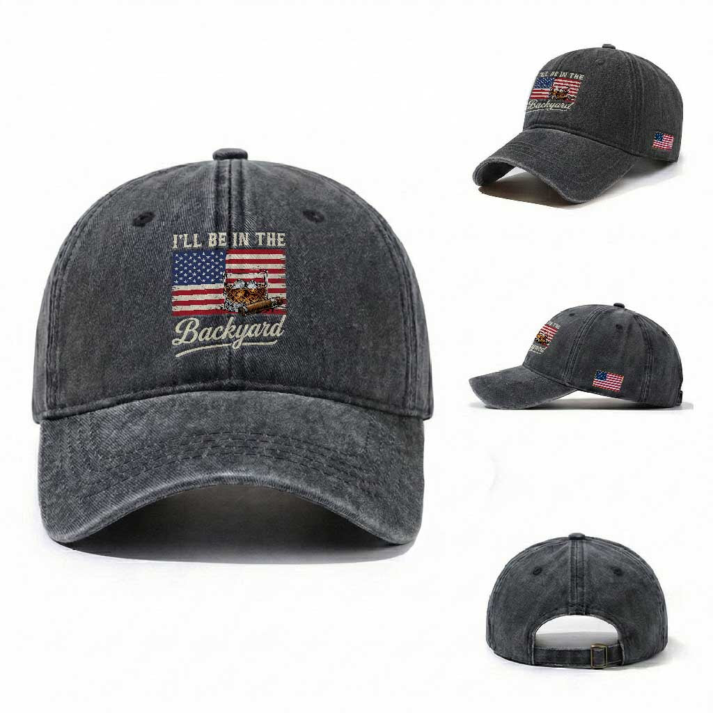 I'll Be in the Backyard Washed Cotton Baseball Cap USA Flag Cigar and Bourbon TS14 Washed Cap Universal Fit Dark Gray Print Your Wear