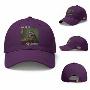 I'll Be in the Backyard Baseball Cap Funny Whiskey Cigar Raccoon Meme TS14 Baseball Cap Universal Fit Purple Print Your Wear