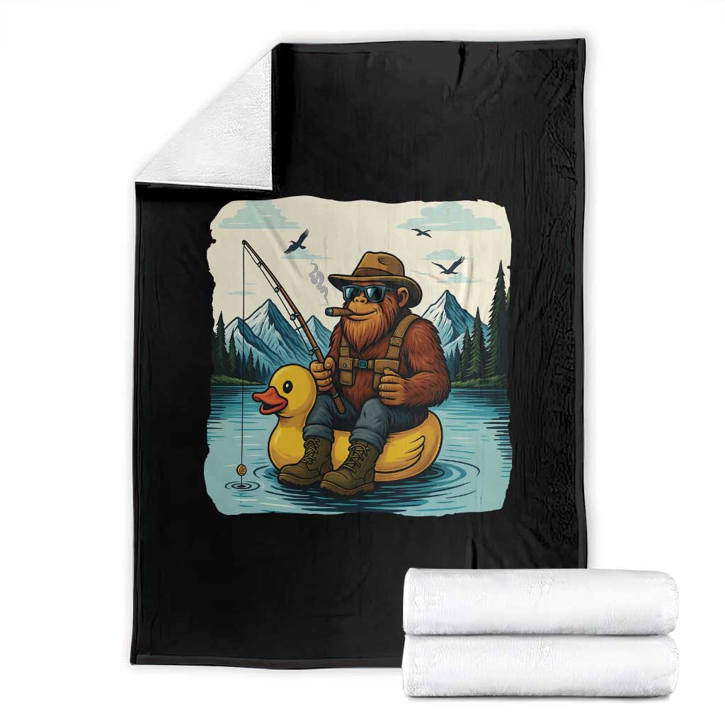 Funny Bigfoot Fishing Throw Blanket Sasquatch Sitting Rubber Duckie Cruise TS14 Black Print Your Wear