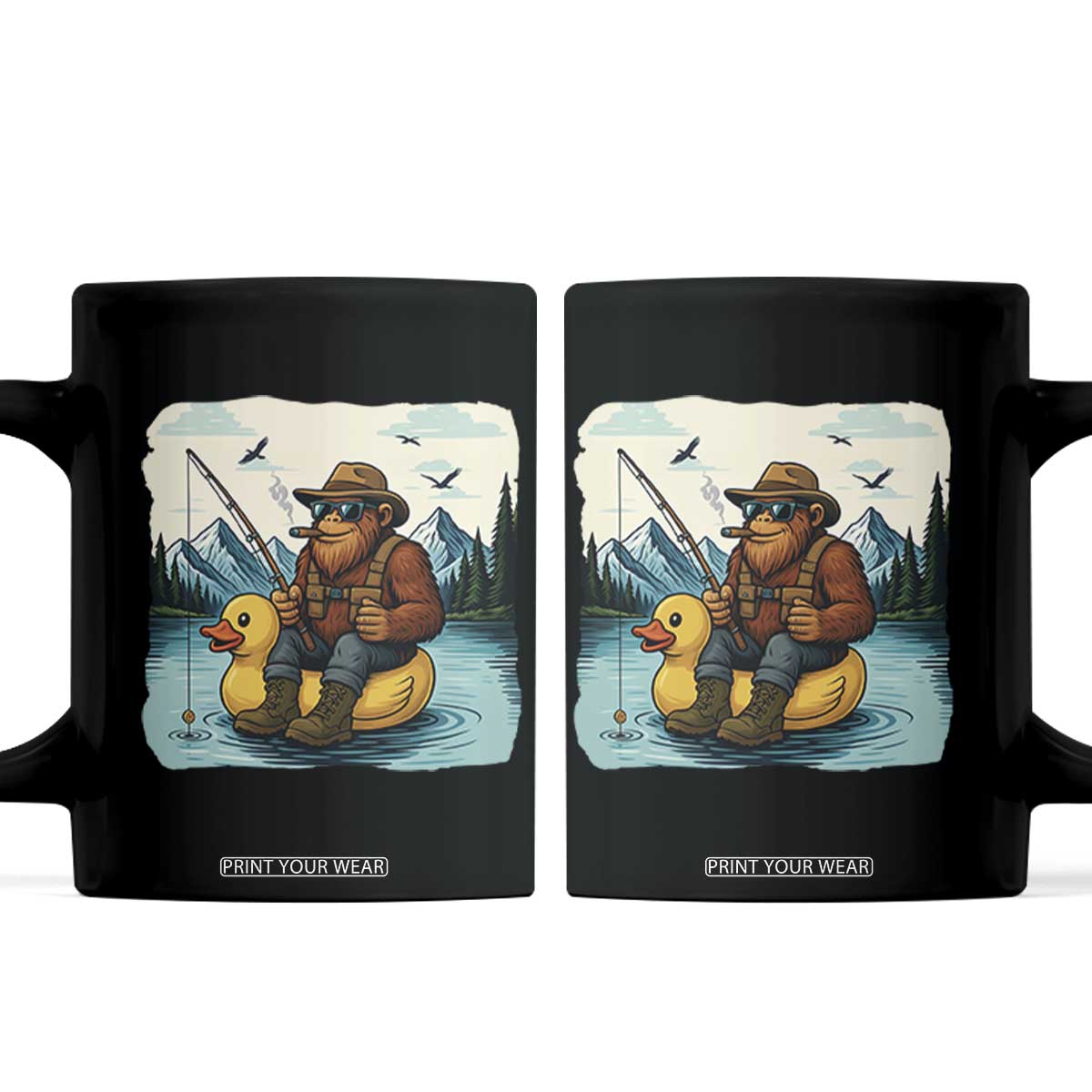 Funny Bigfoot Fishing Coffee Mug Sasquatch Sitting Rubber Duckie Cruise TS14 Black Print Your Wear