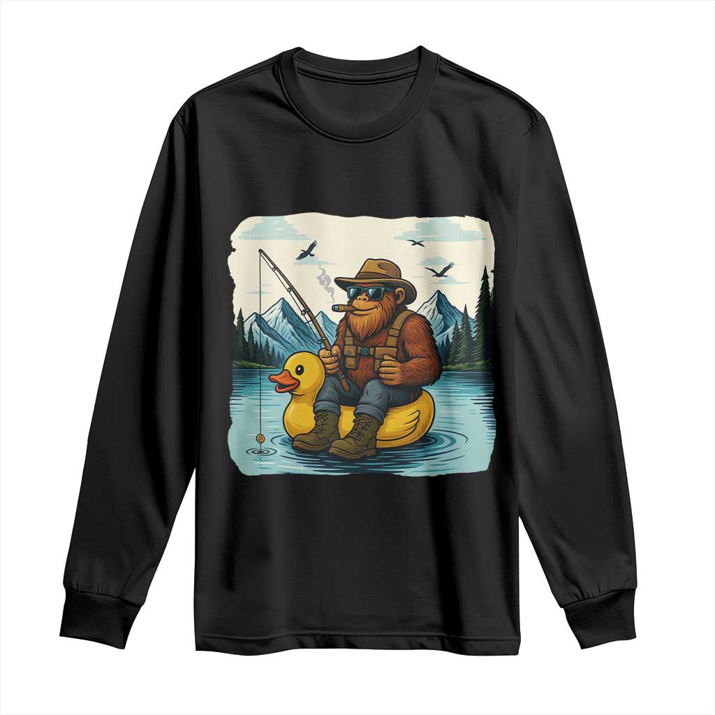 Funny Bigfoot Fishing Long Sleeve Shirt Sasquatch Sitting Rubber Duckie Cruise TS14 Black Print Your Wear