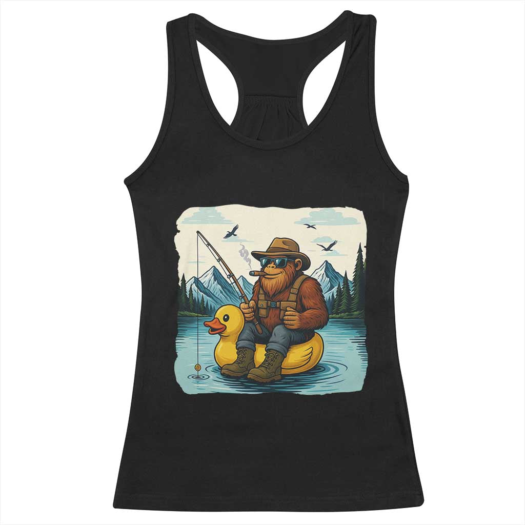 Funny Bigfoot Fishing Racerback Tank Top Sasquatch Sitting Rubber Duckie Cruise TS14 Black Print Your Wear
