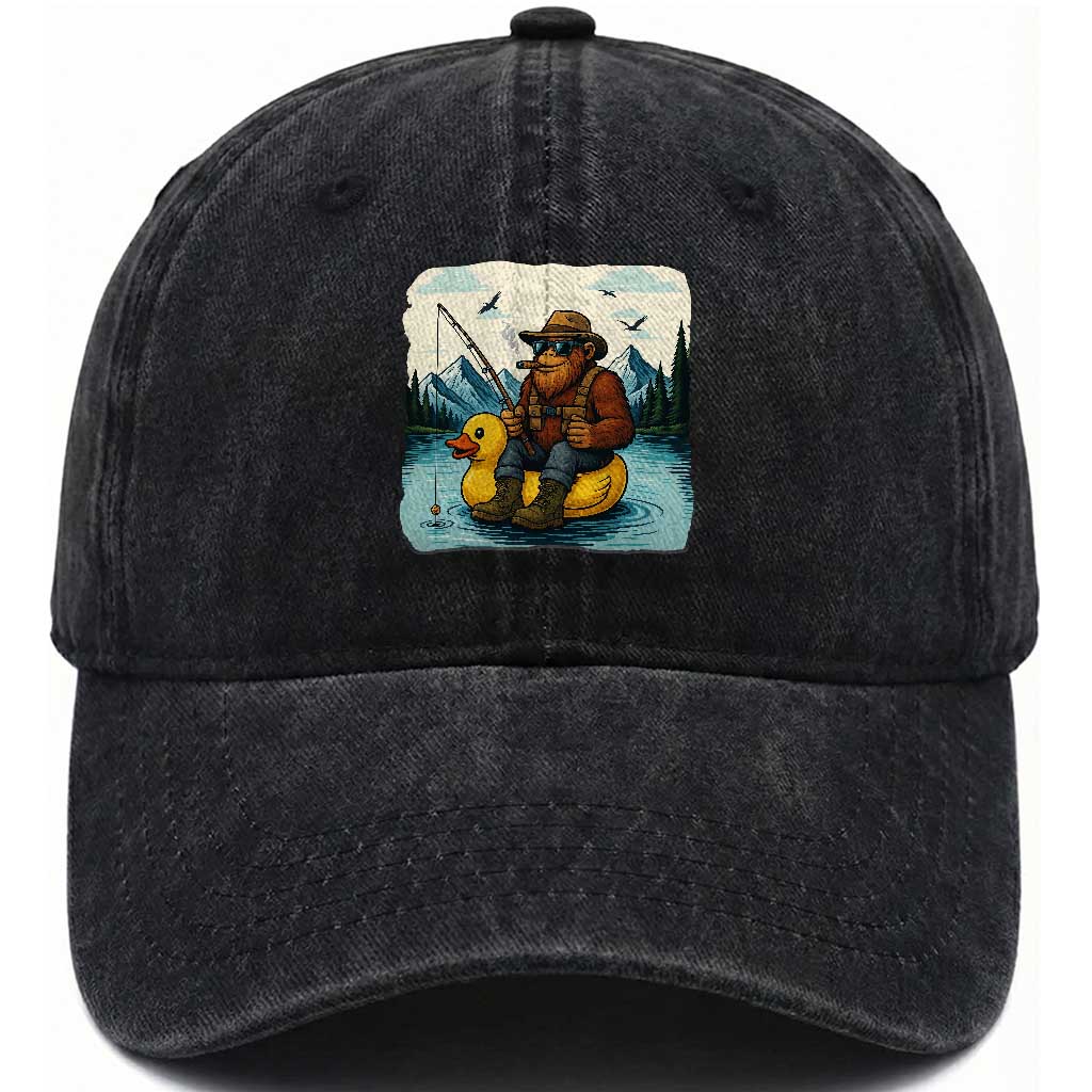 Funny Bigfoot Fishing Washed Cotton Baseball Cap Sasquatch Sitting Rubber Duckie Cruise TS14 Washed Cap Universal Fit Black Print Your Wear