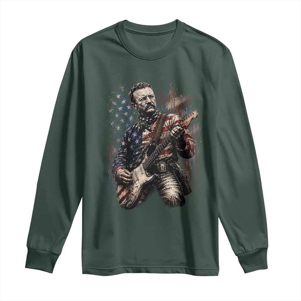 Teddy Roosevelt Playing Guitar 4th of July Long Sleeve Shirt TS14 Dark Forest Green Print Your Wear