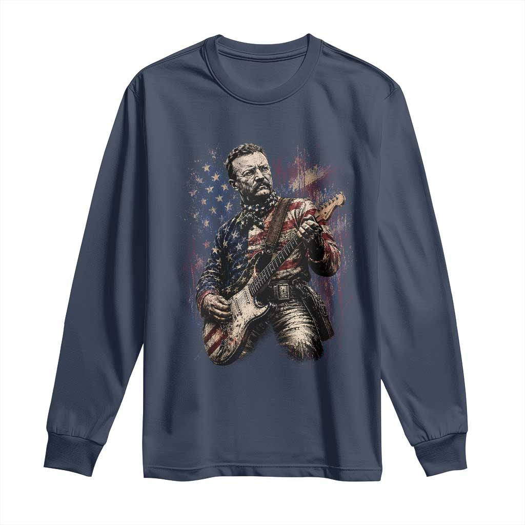 Teddy Roosevelt Playing Guitar 4th of July Long Sleeve Shirt TS14 Navy Print Your Wear