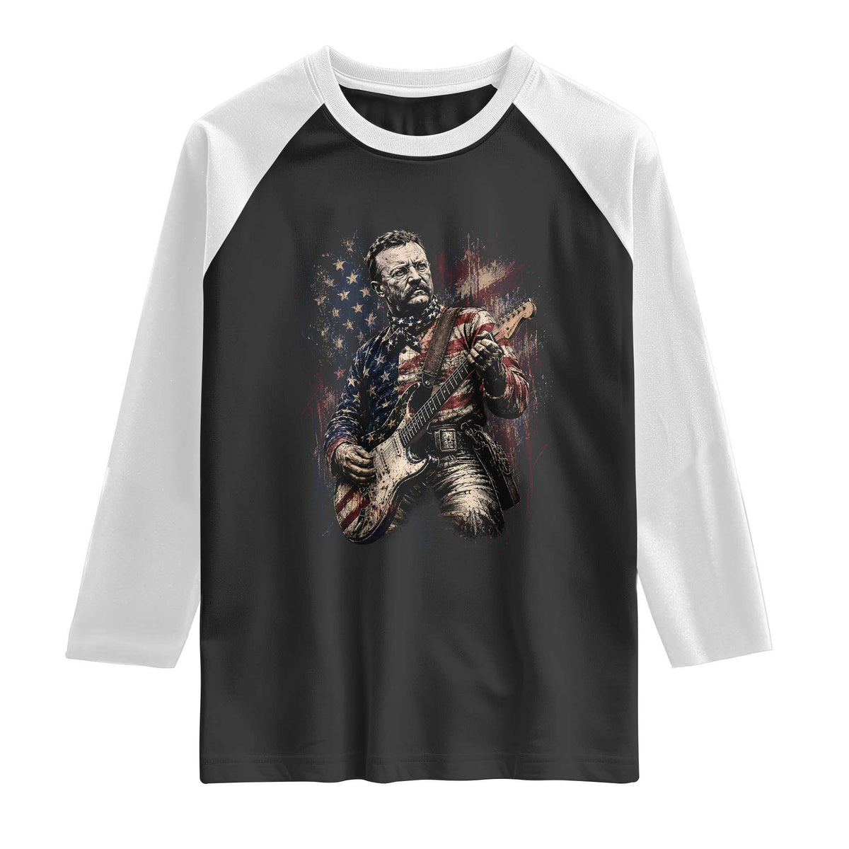 Teddy Roosevelt Playing Guitar 4th of July Raglan Shirt TS14 Black White Print Your Wear
