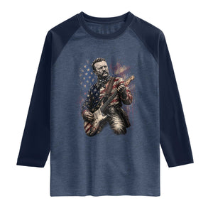 Teddy Roosevelt Playing Guitar 4th of July Raglan Shirt TS14 Heather Denim Navy Print Your Wear