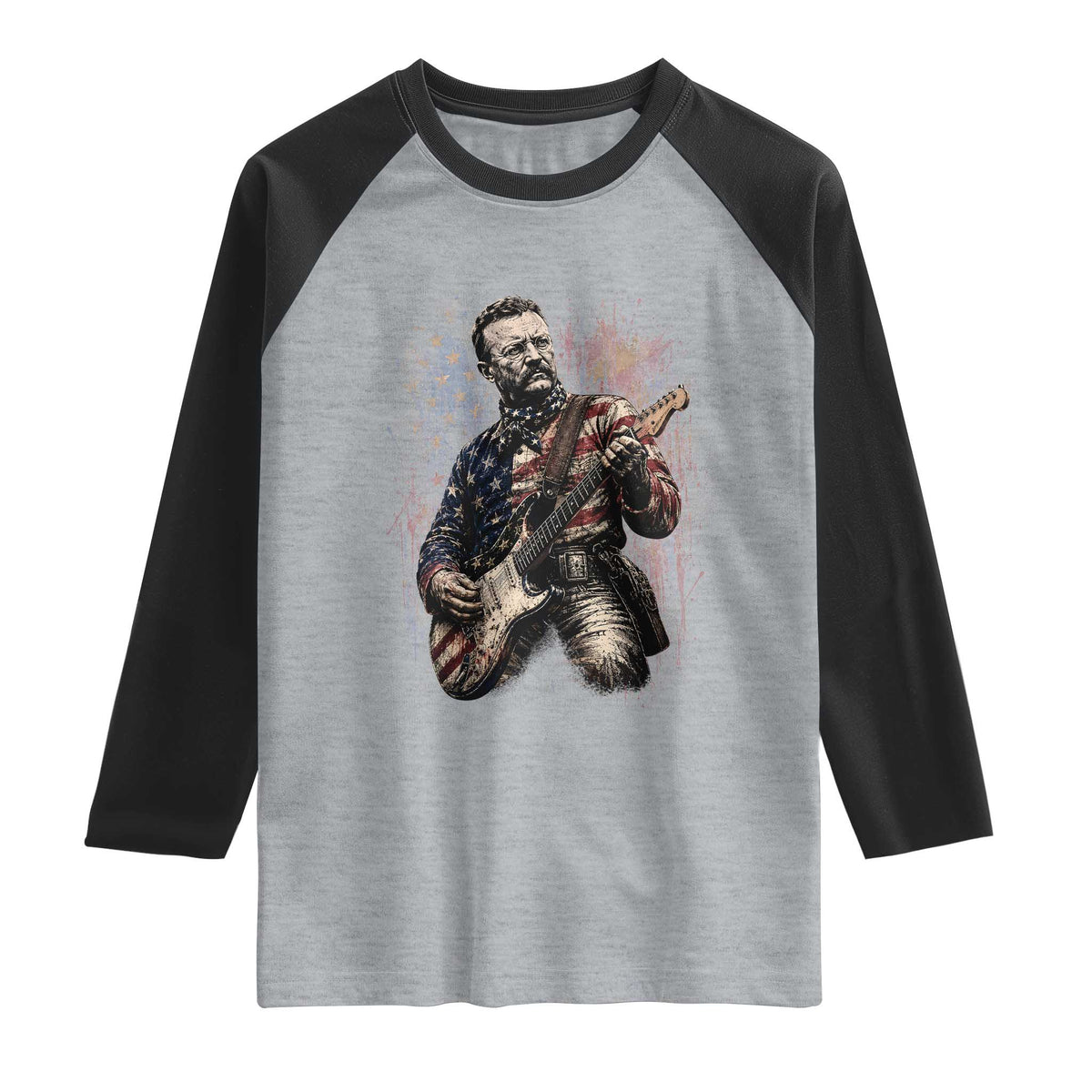 Teddy Roosevelt Playing Guitar 4th of July Raglan Shirt TS14 Heather Gray Black Print Your Wear